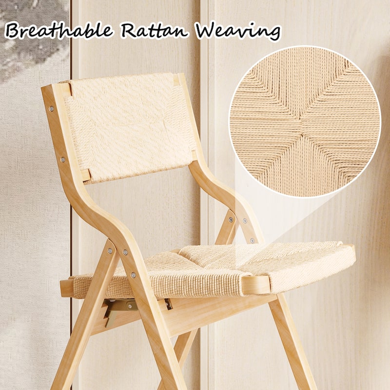 Wood Folding Chairs, Foldable Chairs Wooden Stackable Dining Chairs with Woven Seat & Webbing Back, Dining Chair Set of 2