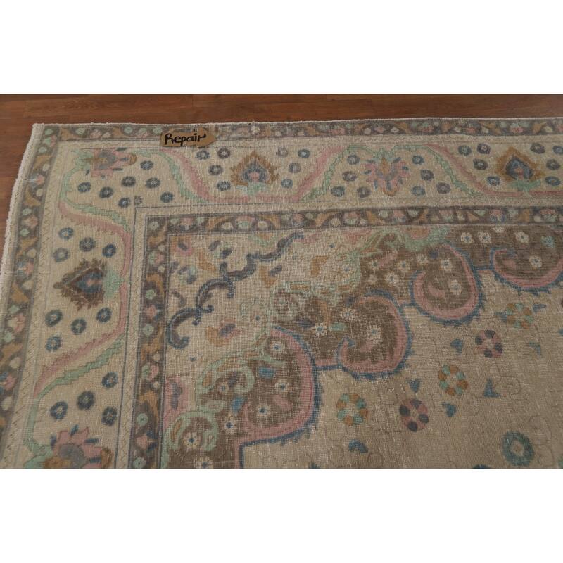 Hand Knotted Oriental 100% Wool Carpet Traditional Floral Beige & Ivories Tabriz Area Rug - 12' 9'' X 9' 7''