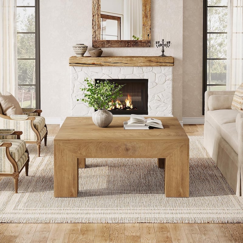 Farmhouse Square Coffee Table for Living Room, 39.37-Inch Low Large Center Tea Accent Table