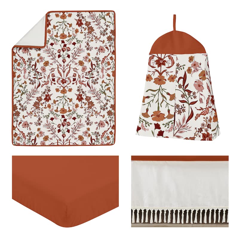 Sweet Jojo Designs Ivory and Orange Boho Vintage Floral Girl 4p Nursery Crib Bedding Set Bohemian Rust Botanical Green Fringe