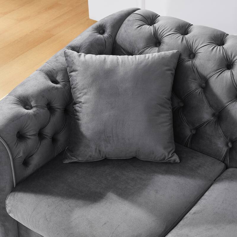 Velvet Chesterfield Sofa with 2 Pillows, Tufted Upholstered 3 Seater Sofa, Accent Sofa with Rolled Arms & Stainless Legs