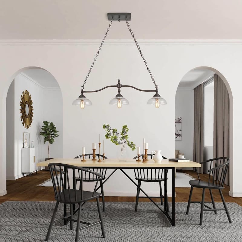 Modern Farmhouse 3-Light Linear Black Chandelier Glass Kitchen Island Lights for Dining Room - W38"x W7.9" x H8.3"