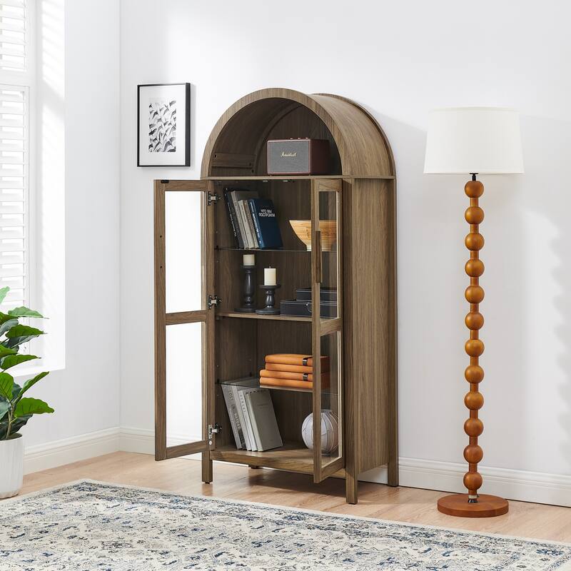 67" Arched Storage Cabinet with Glass Doors, Curio Display Cabinet with LED Strips, Adjustable Shelves, 4-Tier Wood Bookcase