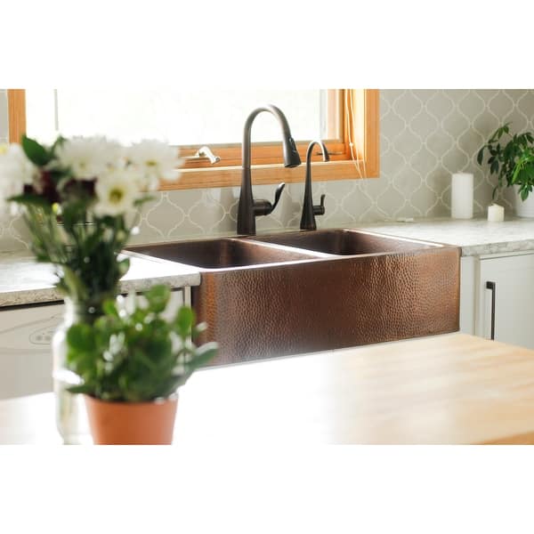 slide 2 of 15, Adams Copper 33" Double Bowl Farmhouse Apron Front Undermount Kitchen Sink
