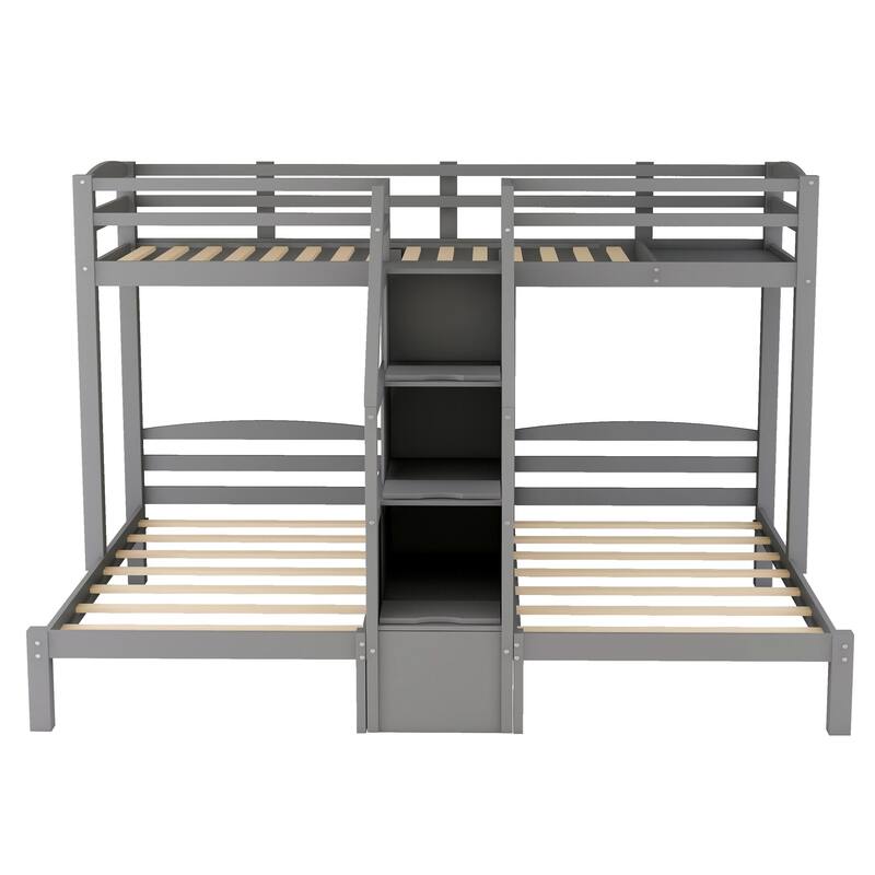 Wood Twin Over Twin & Twin Bunk Bed with Built-in Staircase and Storage Drawer, L-Shaped Twin Triple Bunk Bed Frame for 3