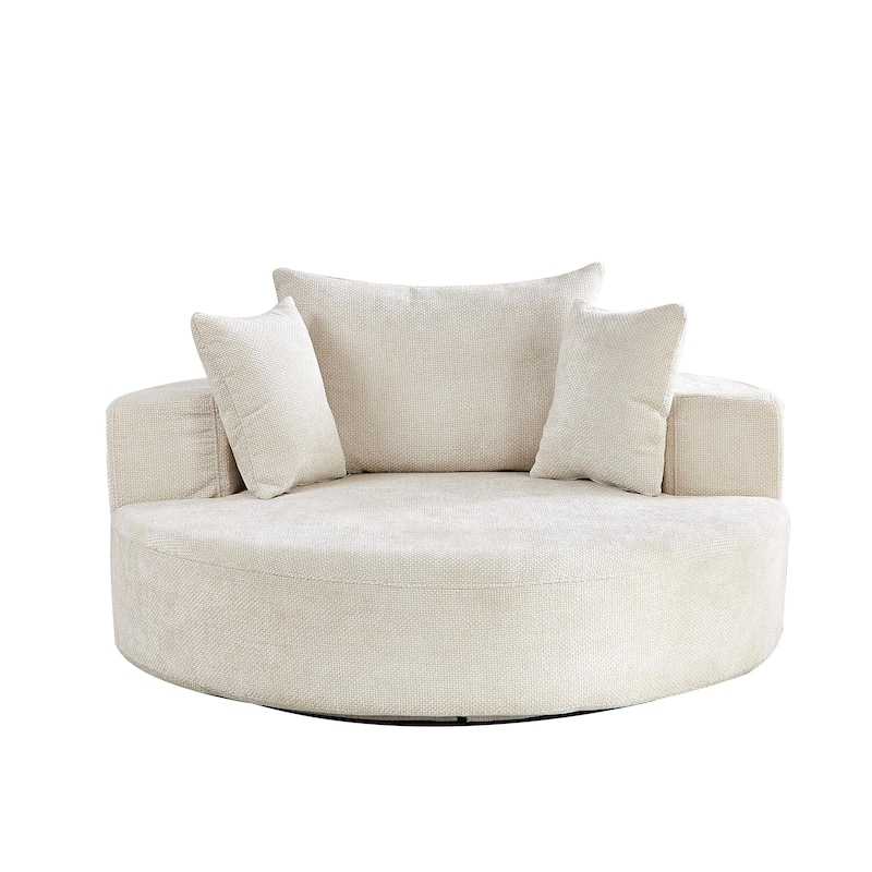 Oversized Swivel Barrel Chair, Chenille Upholstered Round Armchair, Single Sofa Chair with Headrest & 3 Cozy Pillows