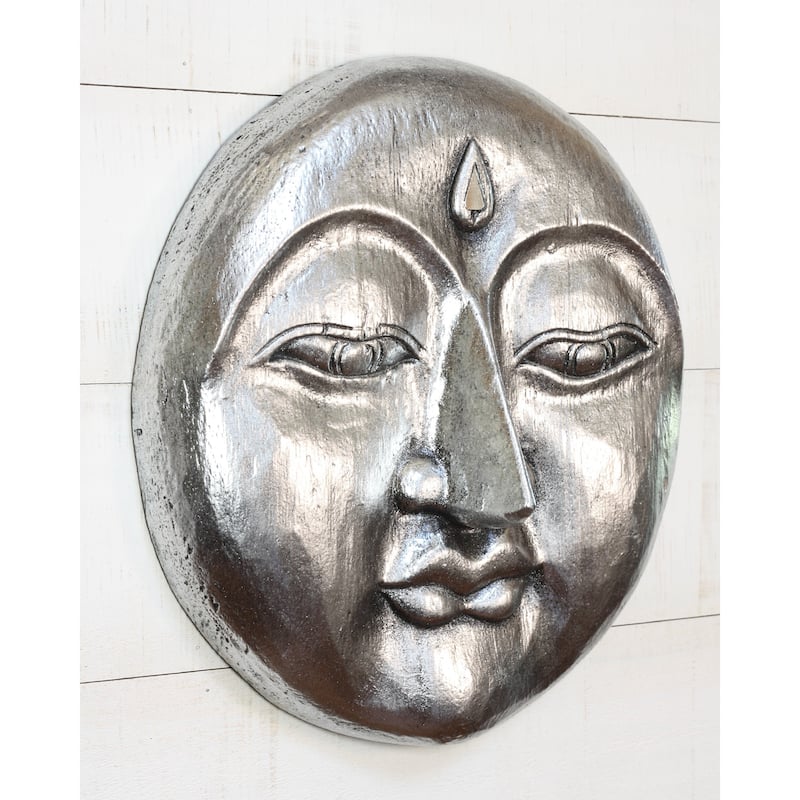 Wooden Moon Face Wall Art Hand Carved Crescent Moon Mask, Rustic Boho Home Decor Accent - Silver 13.5"