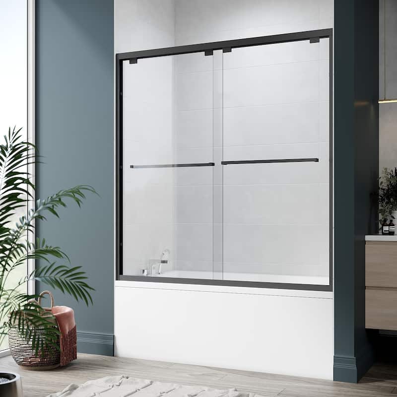 Elegant Double Sliding Shower Door with 1/4 inch Clear Tempered Glass in Matte Black Tub Door - 60" W x 58" H