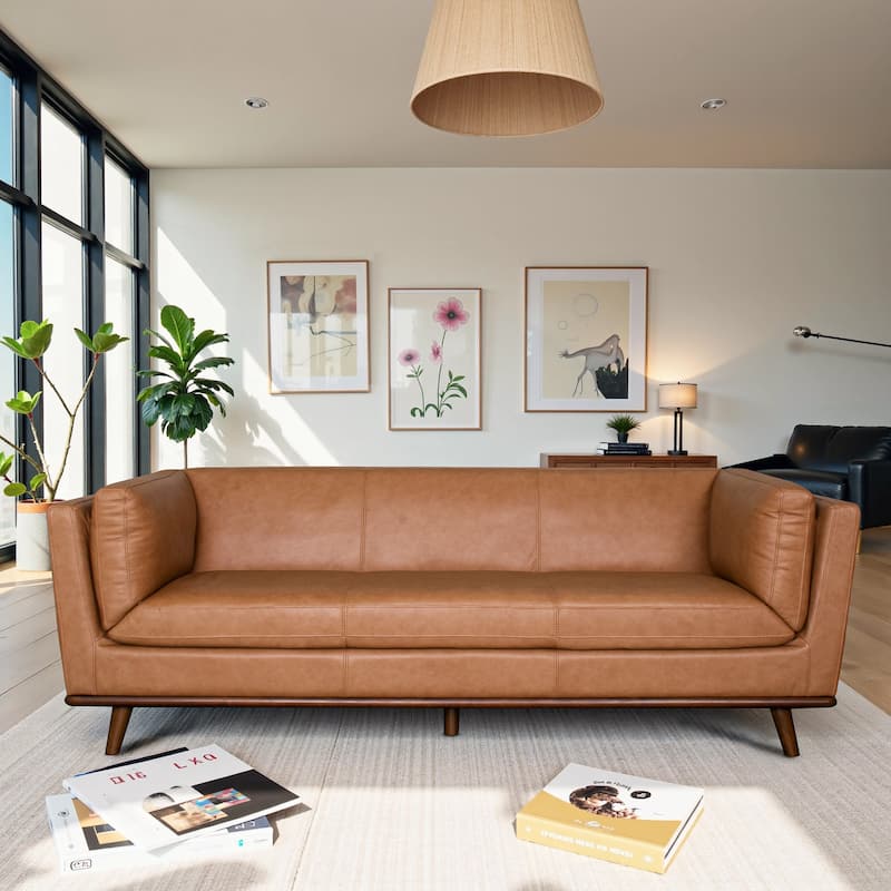 Madison Mid-Century Modern Top Grain Leather Sofa with Walnut-Finished Base - Cognac Tan