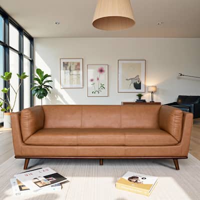 Madison Mid-Century Modern Top Grain Leather Sofa with Walnut-Finished Base