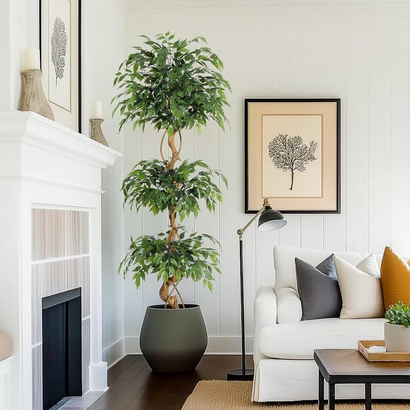 Artificial Faux Silk Ficus Tree with Curved Trunks for Indoor Home Decor - 6 ft