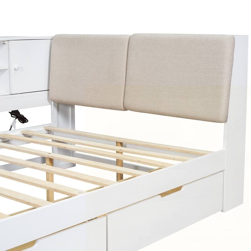 L-shaped Daybed Corner Bed with Storage Bookcase and USB Charging Ports
