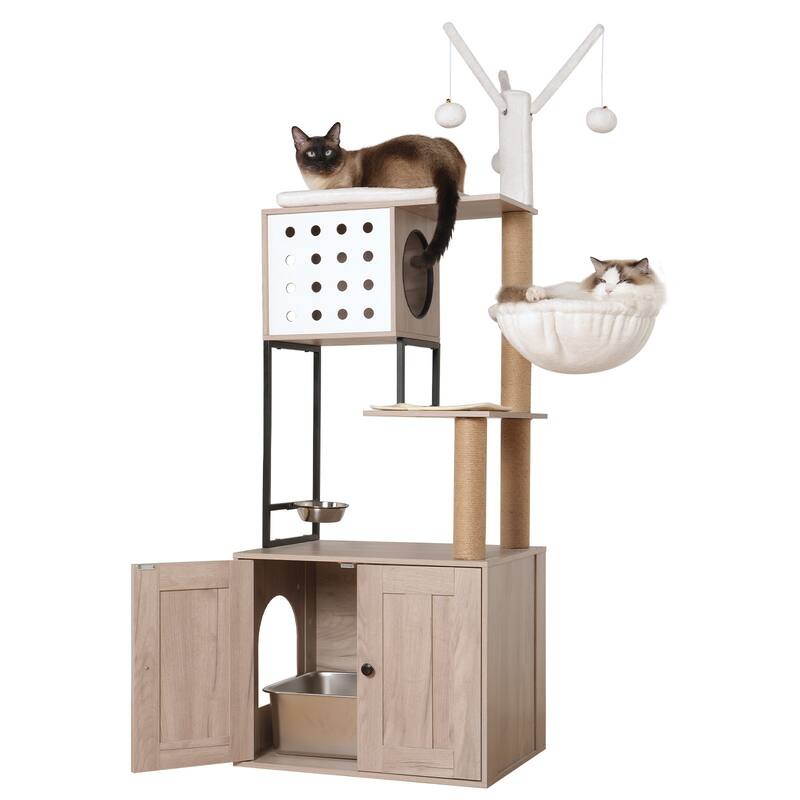 Cat Tree with Litter Box Enclosure - Modern Cat Condo with Scratching Posts, Feeding Bowl & Removable Pompom Sticks - White+gray