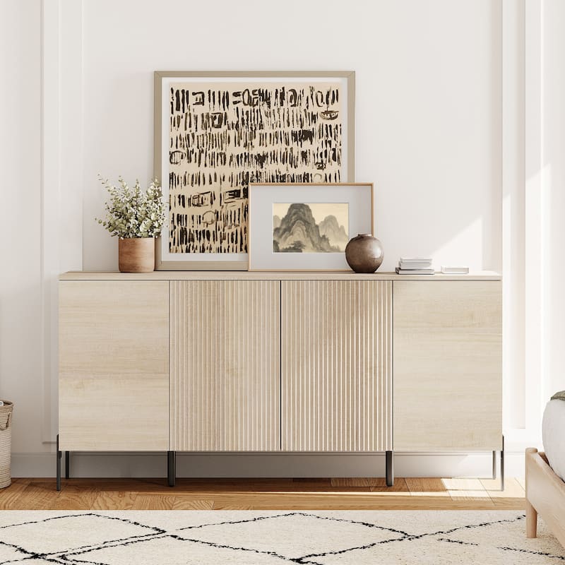 WAMPAT Wooden Reeded Baby Dresser For Bedroom, 61" 4-Door Cabinet For Kids, Mid Century Modern Closet Storage Organizer - Beige
