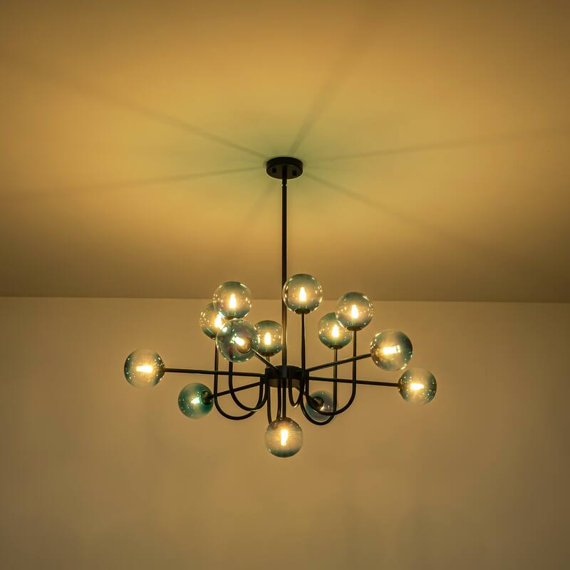 13-Light Mid-Century Modern Gold/Black Linear Sputnik Gradient Blue Glass Globe Bubble Chandelier for Living Room