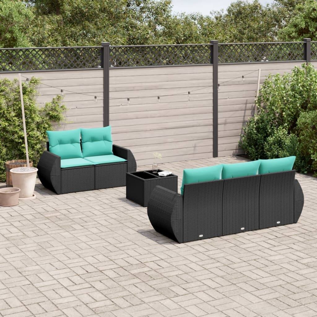 vidaXL 6 Piece Patio Sofa Set with Cushions Black Poly Rattan - 27.6 x 24.4 x 27.2