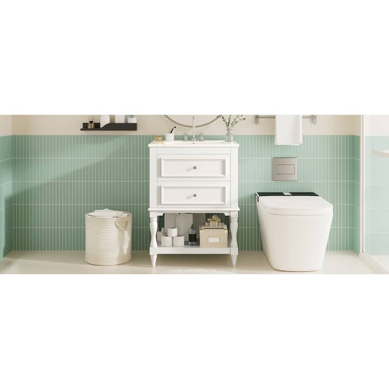 24" Bathroom Vanity with Ceramic Sink, Bathroom Storage Cabinet with Open Shelf, Retro Design Bathroom Cabinet with 2 Drawers