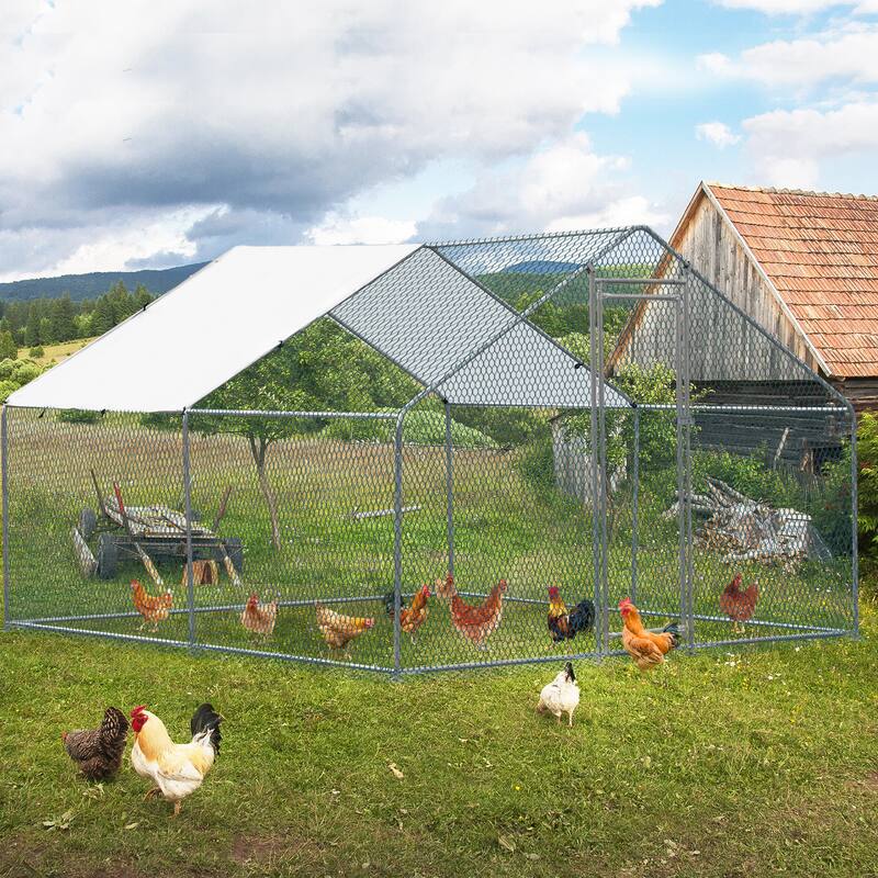 10x10 ft Metal Chicken Coop with Waterproof Cover and Lockable Door