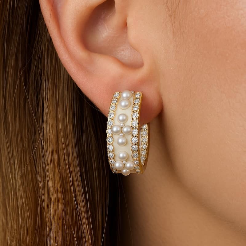 Enamel and CZ Hoop Earring - 1"