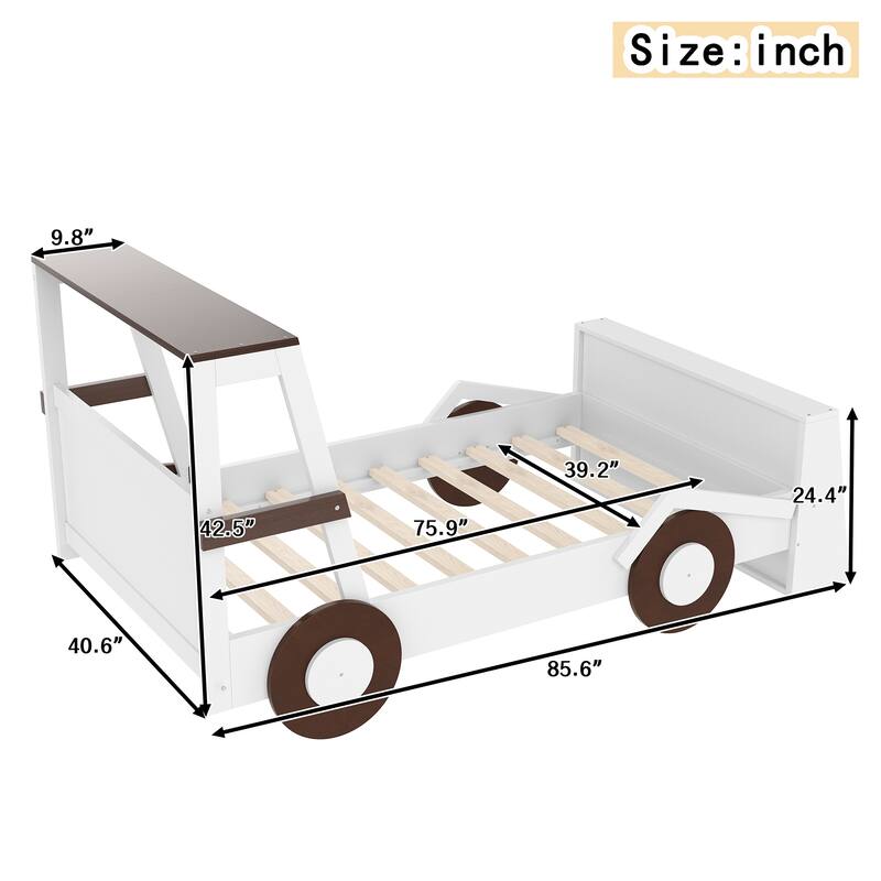 Low Platform Bed for Kids Car-shaped Bed Frame with Front Storage Shelves, Headboards and Wheels, No Box Spring Needed
