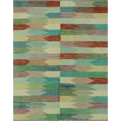 Hand-Woven Winchester Kilim Reyhaneh Ivory/Blue Rug - 5'1" x 6'7"