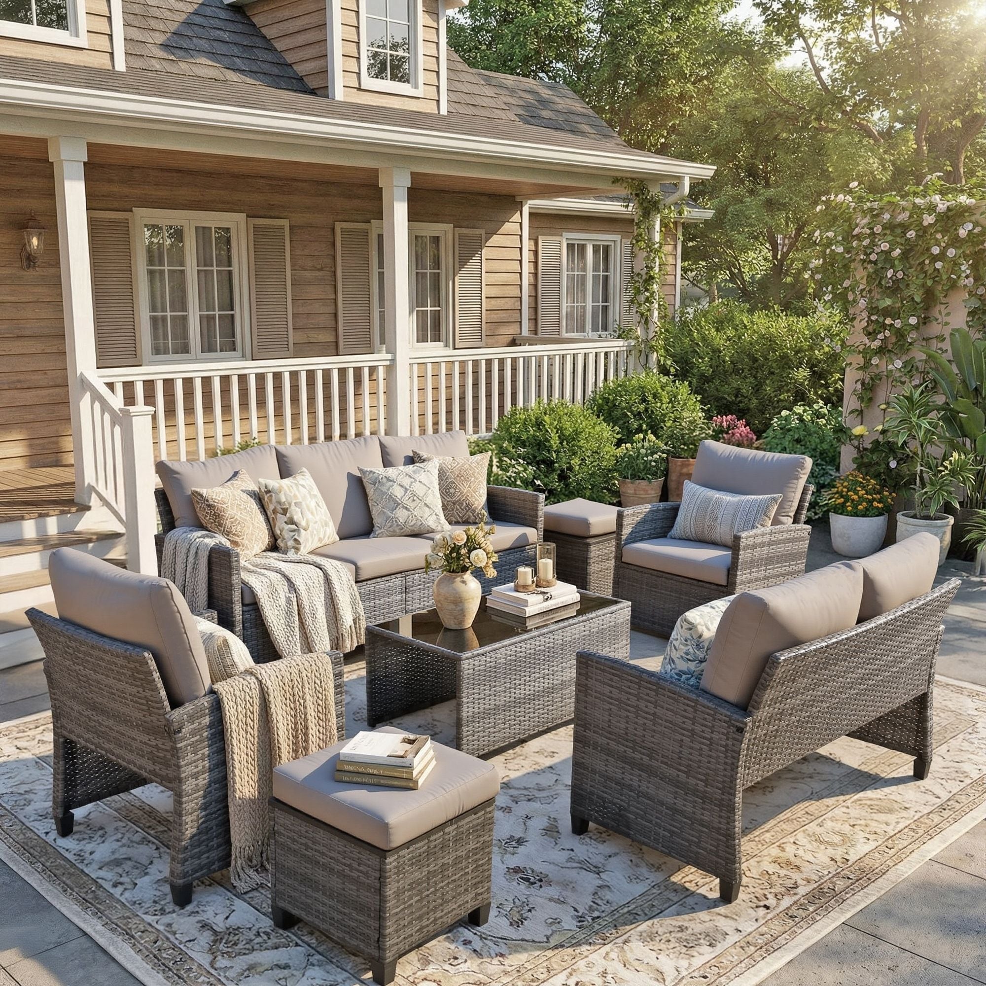 9-Deep Seating Outdoor Wicker Patio Conversation Set For Balcony Pool Garden