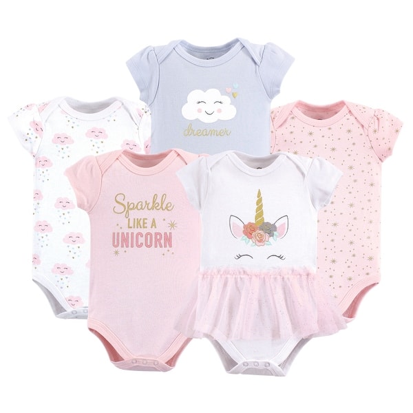 slide 1 of 1, Little Treasure Baby Girl Cotton Bodysuits 5pk, Unicorn 0-3 Months - Unicorn Short-Sleeve