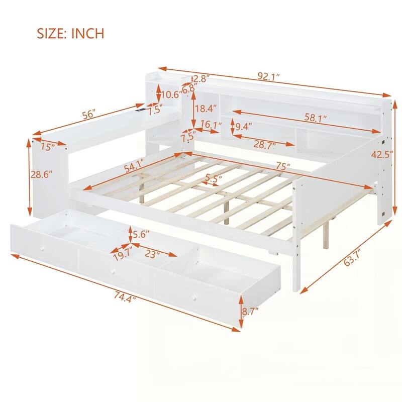 Wooden Daybed With 3 Drawers and USB Ports