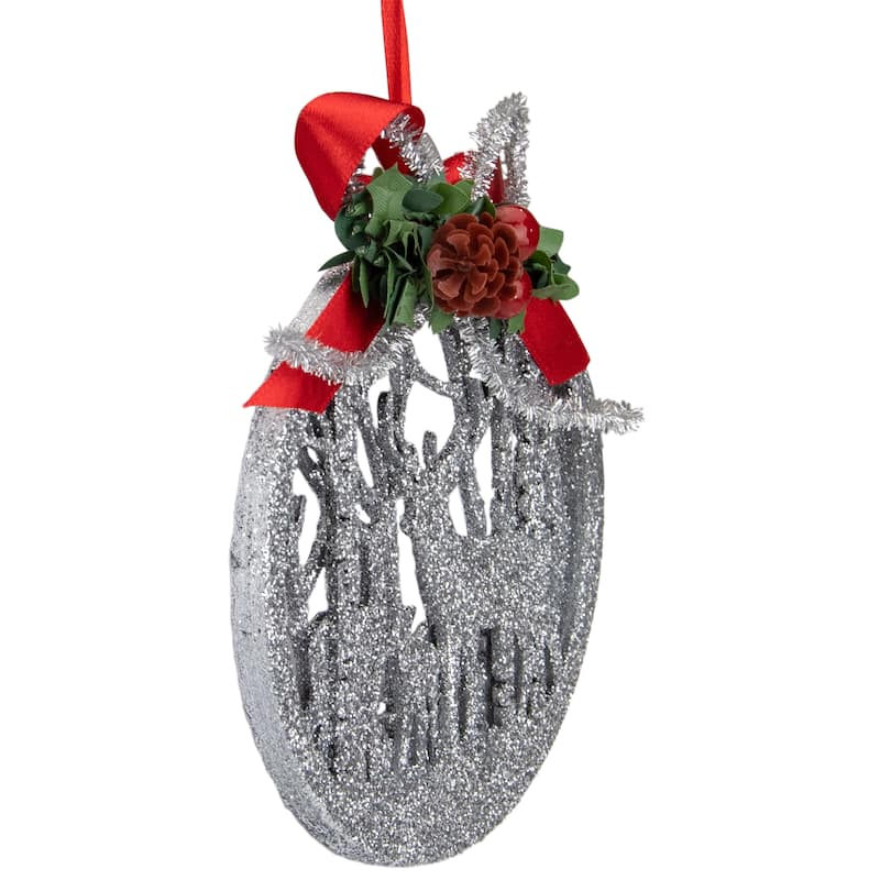 4.5" 2-D Silver Glitter Reindeer Family Silhouette Christmas Ornament