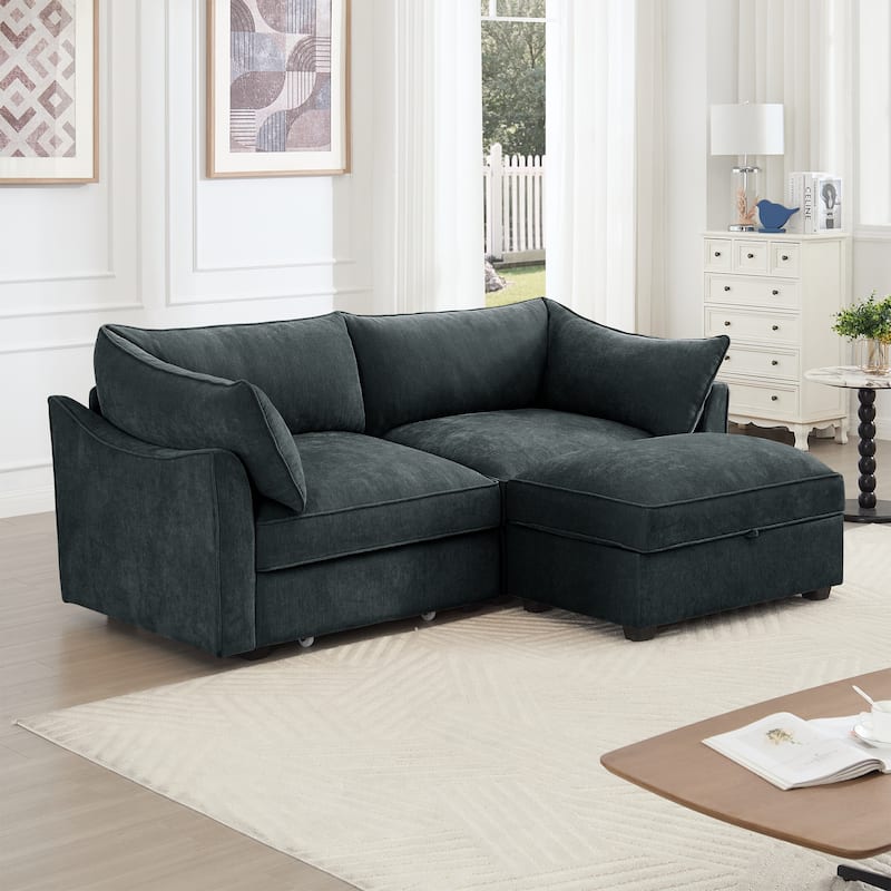 2-Seater Loveseat with 1 Movable Ottoman & Pull out Storage Drawer Under Seat