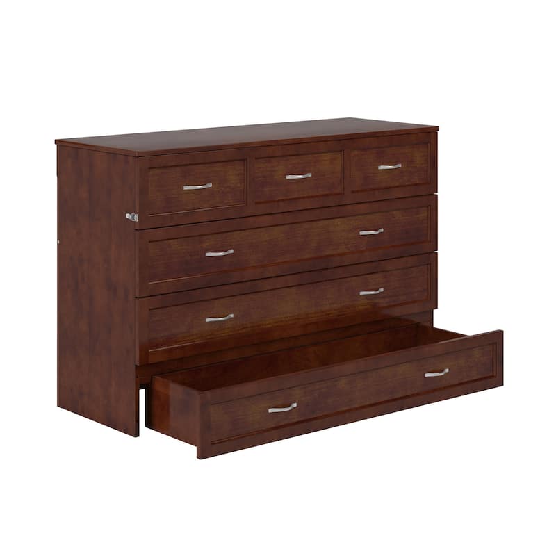 Northfield Queen Murphy Bed Chest with 6" Mattress, Storage Drawer & Built-In Charger in Walnut
