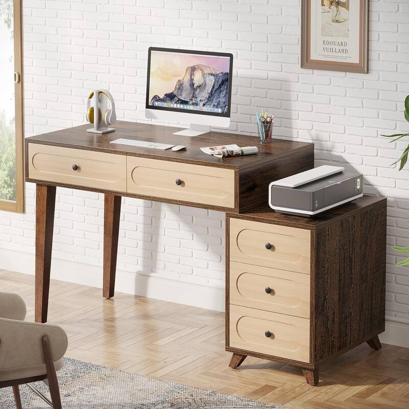 51-Inch Computer Desk with Reversible Drawer Cabinet and Printer Stand - Brown
