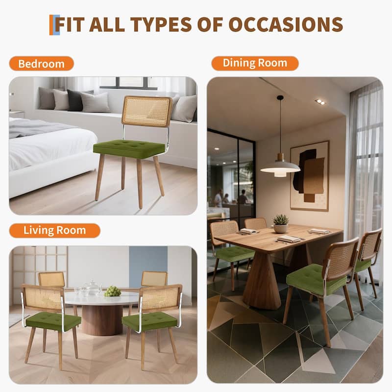 Midcentury Modern Dining Chairs of 2, PU Upholstered Kitchen Chairs with Tall Cane Backrest and Strong Wood Legs