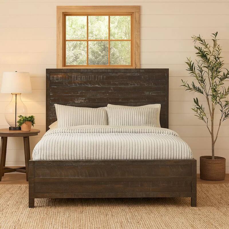Cas California King Bed, Rustic Rough Hewn Solid Wood Planks, Dark Gray