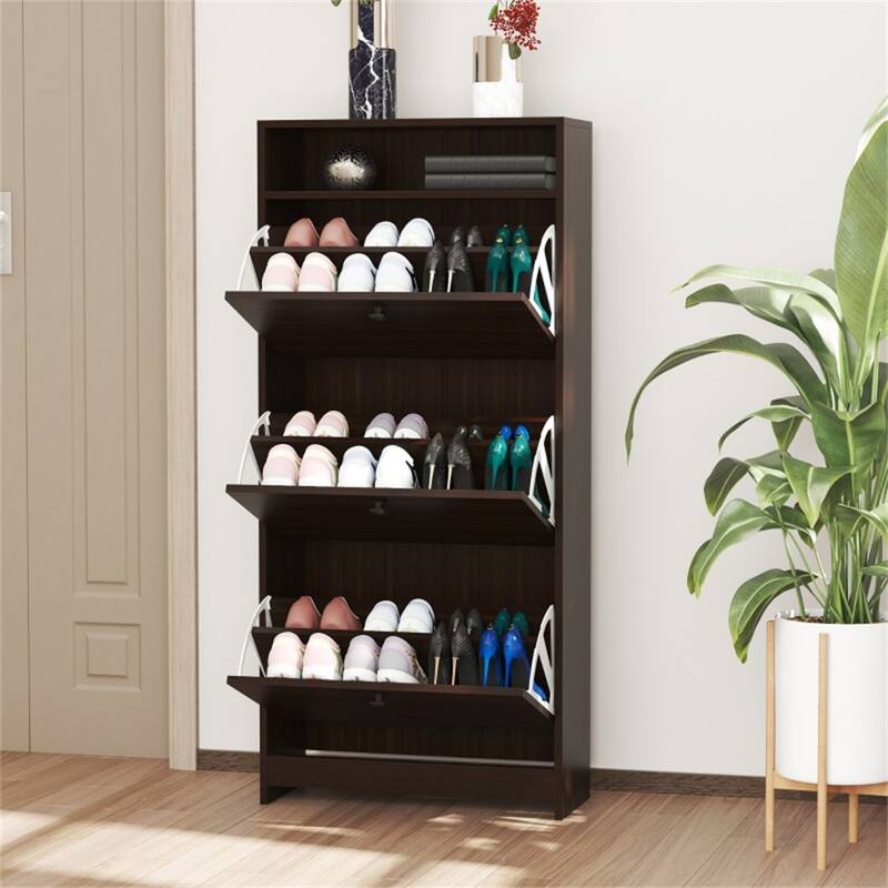 Espresso 3-Tier Shoe Cabinet with Upturning Drawers and Top Storage Shelf for Daily Use - 23.5" L x 9.5" W x 52" H