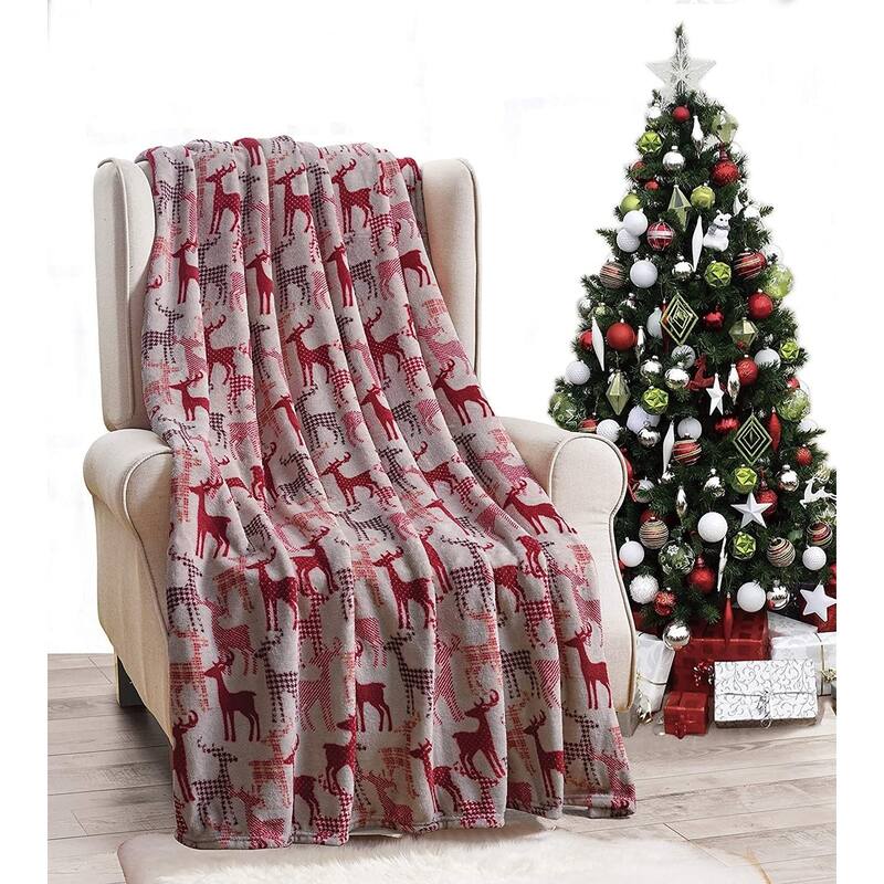 Festive Holiday Microplush Throw Blanket (50In x 60In) - Tan Reindeer Winter Throw