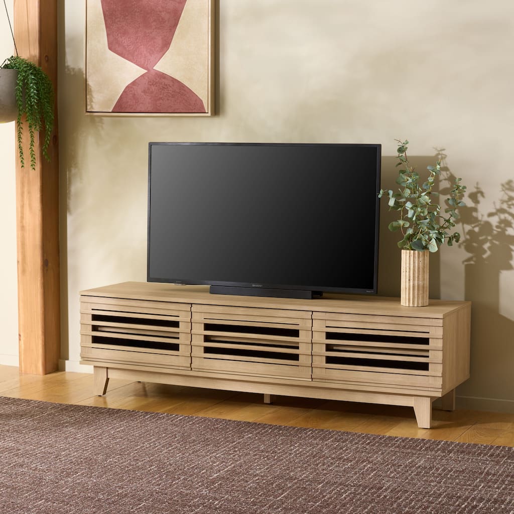 SAFAVIEH Zulie Entertainment Media Console for TVs up to 65", Slatted Door Storage Cabinet TV Stand for Living Room