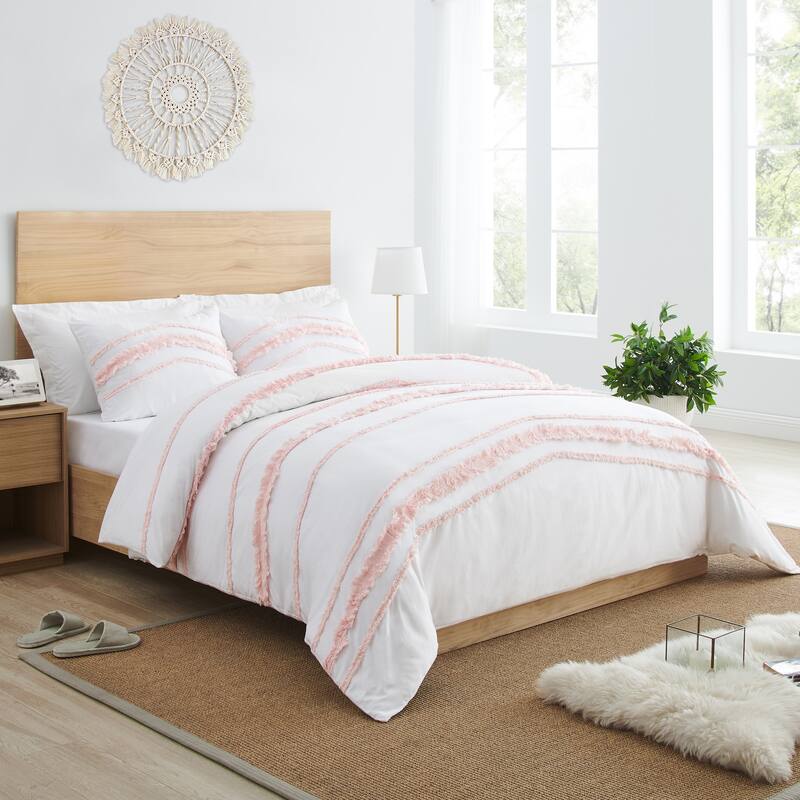 Sweet Jojo Designs Bohemian Boho Chic Twin Duvet Cover Bedding Set Pink Ivory Farmhouse Textured Minimalist Macrame Tuft Fringe