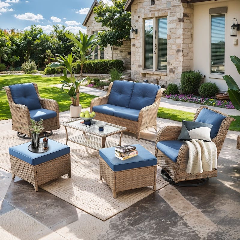 Pocassy Outdoor 6 Pieces 2-Seat Sofa Swivel Chairs Table Ottoman - Blue cushion - Yelllow Wicker