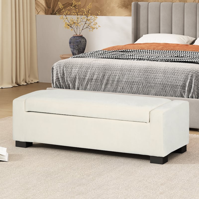 50" Ottoman Bench in Textured Fabric, Rectangular Design with Hinged Lid for Seating, Footrest, and Hidden Storage