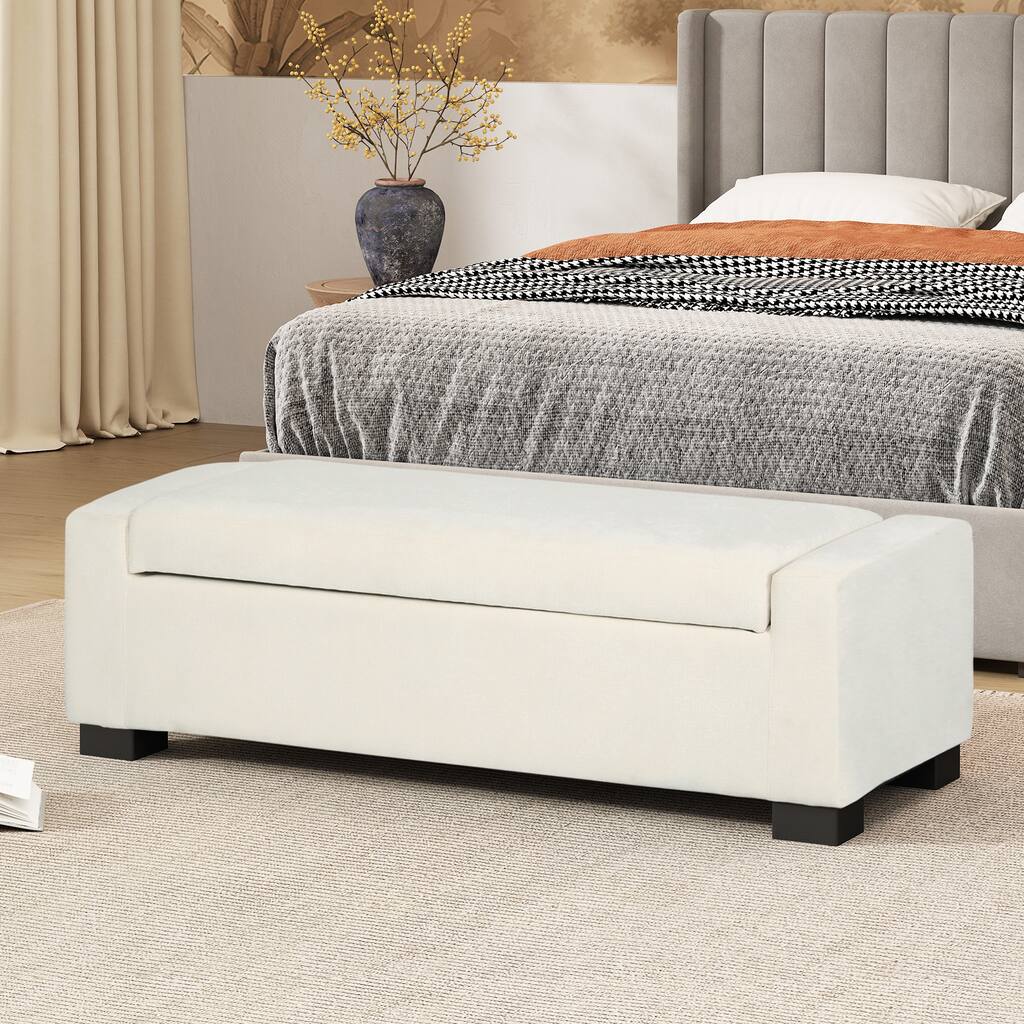White Fabric Storage Ottoman with Flip-Lid Top: Clean Elegance