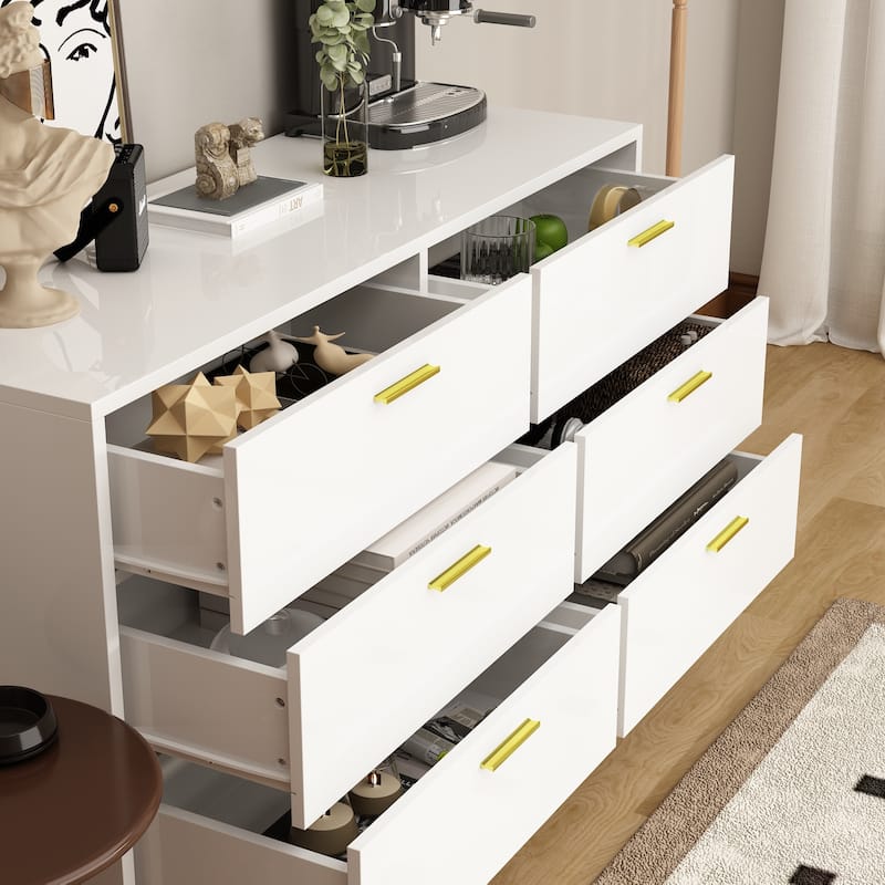 6-Drawer Double Dresser with Gold Accents Bedroom Storage Solution