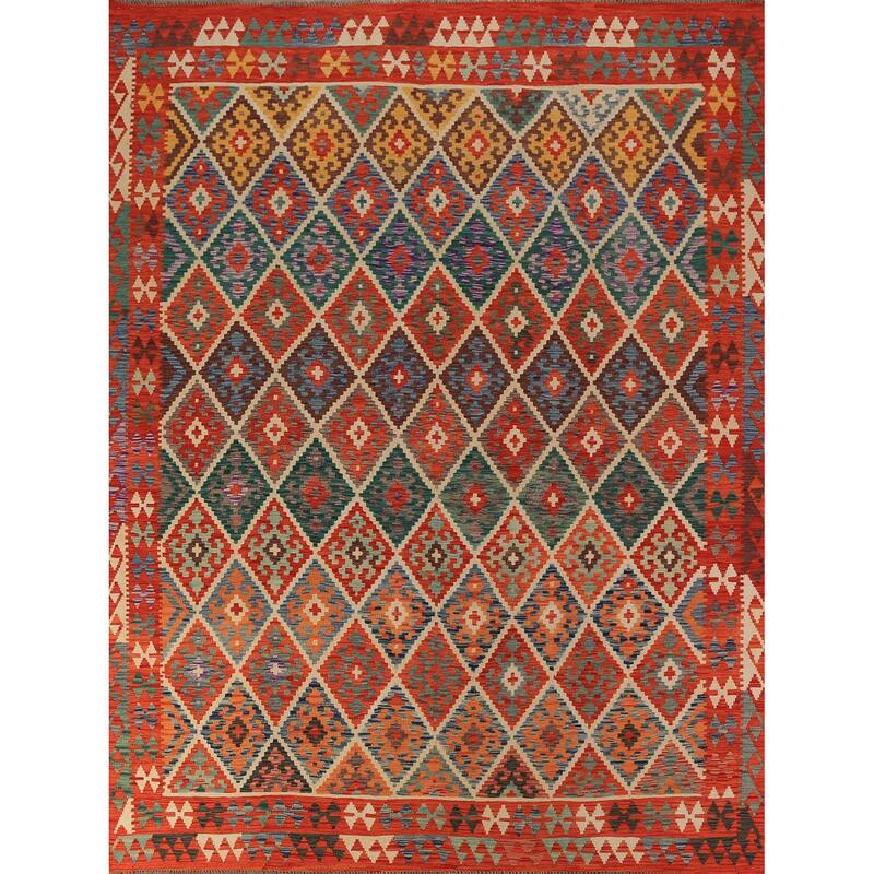 South Western Style Kilim Oriental Rug Flatweave Orange Wool Carpet - 8'3"x 9'11"