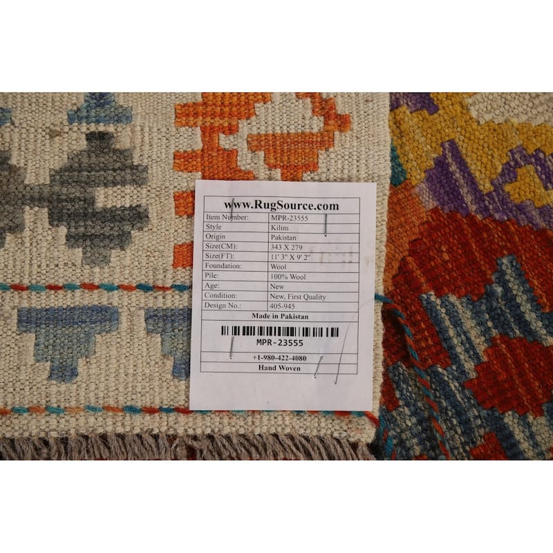 All-Over Geometric Kilim Oriental Area Rug Hand-Woven Wool Carpet - 9'2"x 11'3"