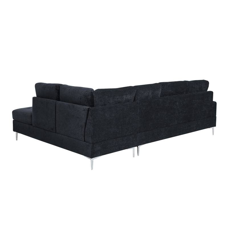 Chenille L-Shaped Sectional Sofa with Chaise & Storage Ottoman, Corner Sofa with 2 Pillows, Metal Legs & Copper Nails