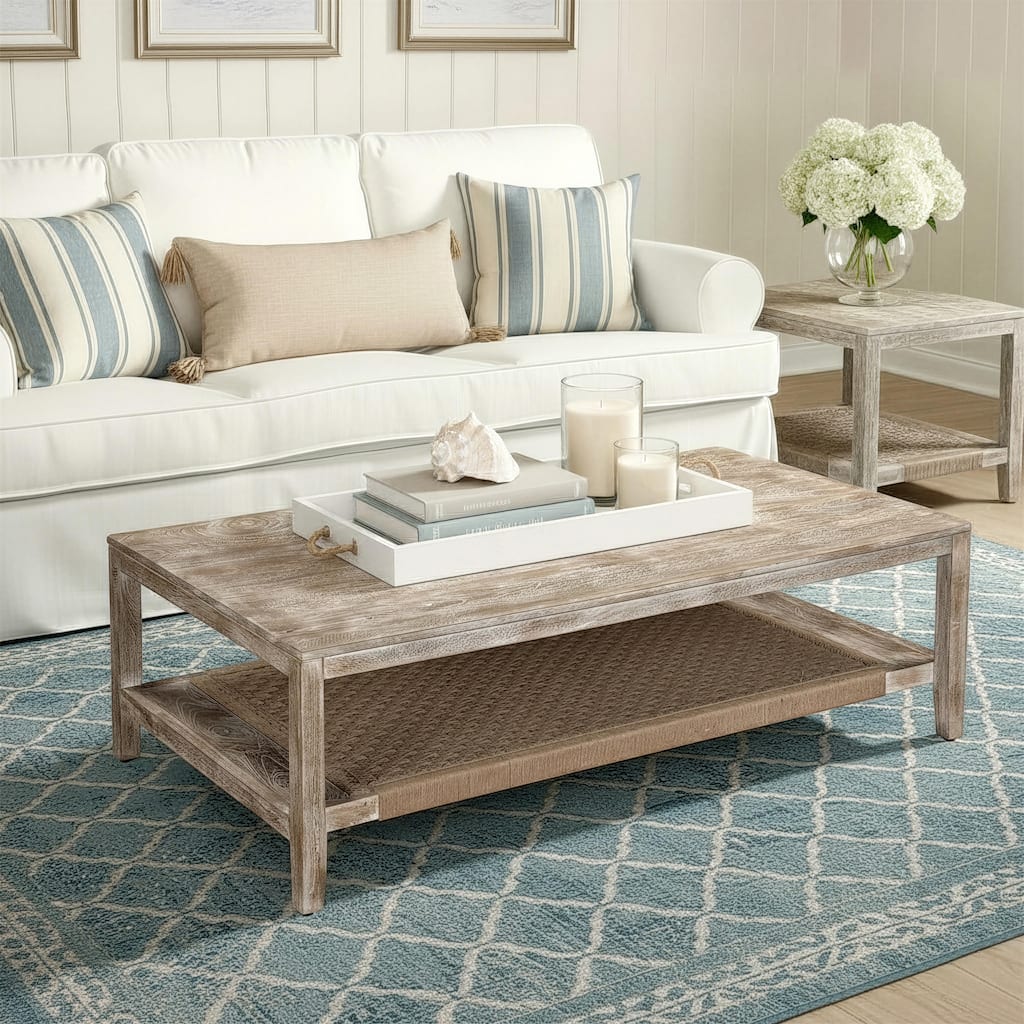 Whispen Coastal Wood and Jute Storage Coffee Table by Sevita - 60" L x 32" W x 18" H