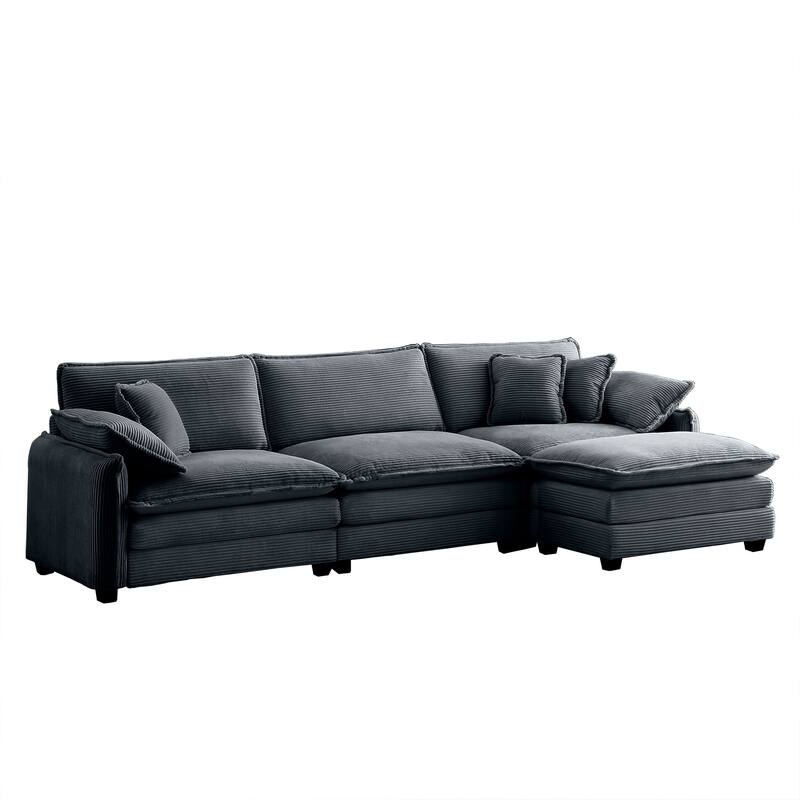 150.38" Modern L-Shaped Modular Sectional Sofa for Living Room, Corduroy Oversized 3-Seater Couch with Movable Ottoman
