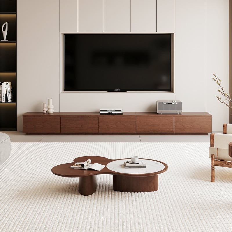 Mid Century Modern TV Stands,Brown Solid Wood Media Console with 3-6 Drawers - 118.11" & 5 Drawers