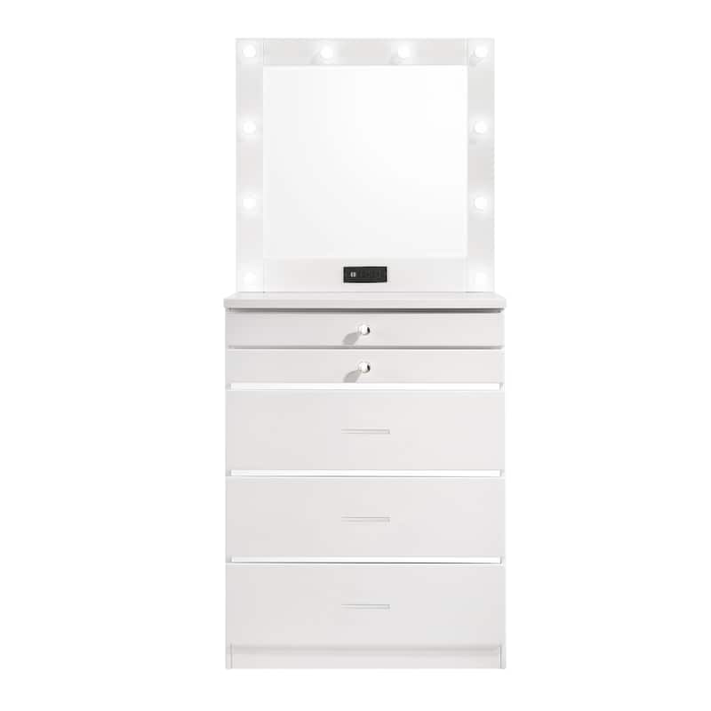 Furniture of America Mary Hollywood Glam Makeup Vanity Chest and Mirror with USBs & Outlets