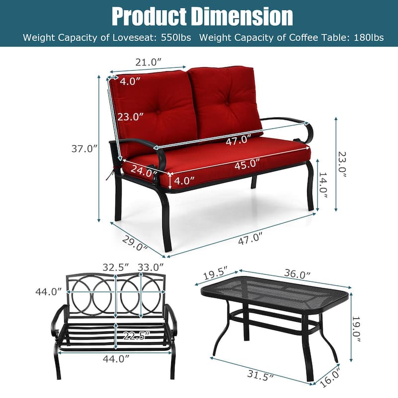 Gymax 2PCS Patio Loveseat & Table Set Conversation Sofa Set w/ Red